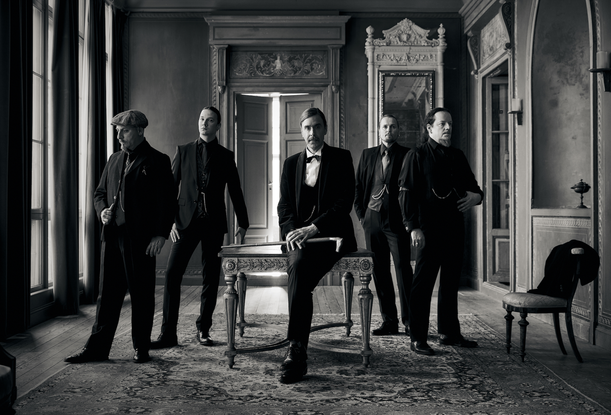 Progressive metal band Opeth 2024. Line up: Mikael Åkerfeldt, Martin Mendez, Fredrik Åkesson, Joakim Svalberg, Waltteri Väyrynen. Promotional photo by Terhi Ylimäinen